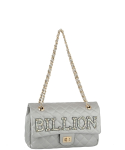 Rhinestone "BILLION" Quilted Turn-lock Chain Shoulder Bag QFS0035 SILVER